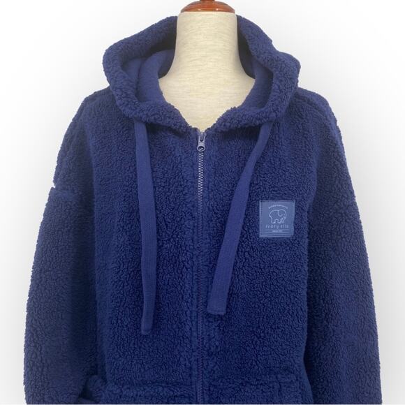 IVORY ELLA NWOT Navy Blue Zip Front Sherpa Hoodie Size Small Cozy Oversized - Picture 3 of 9